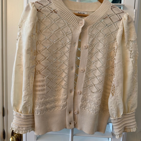 Another Love Sweaters - Button-Front Lace Sleeve Cardigan - Cream
